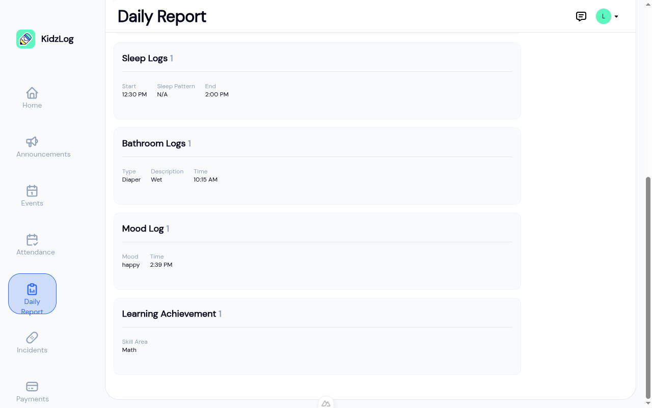 Daily report showing sleep, bathroom, mood, and learning achievement sections
