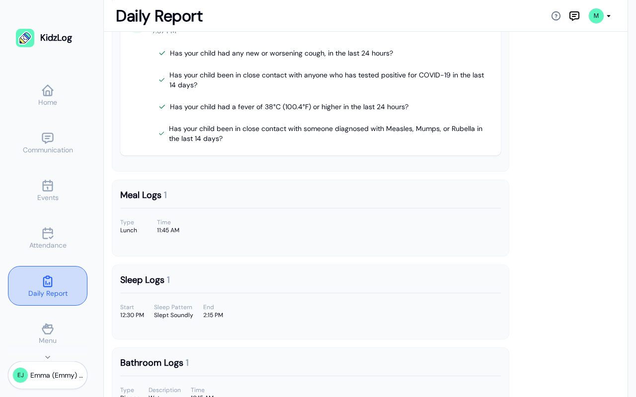 Daily report showing the meal, sleep, and bathroom log sections for the day, each with its own details
