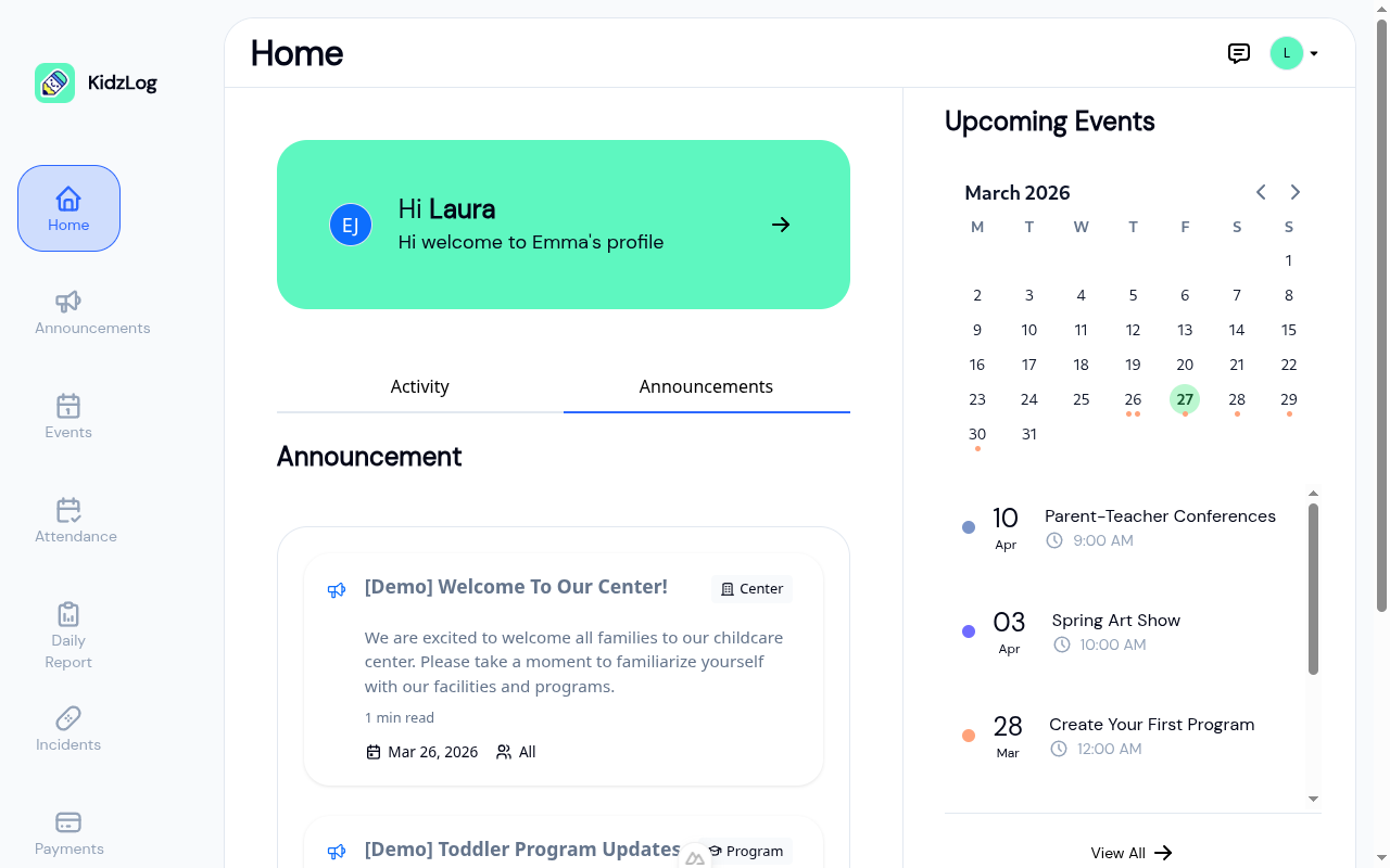 Announcements tab on the dashboard showing center announcements