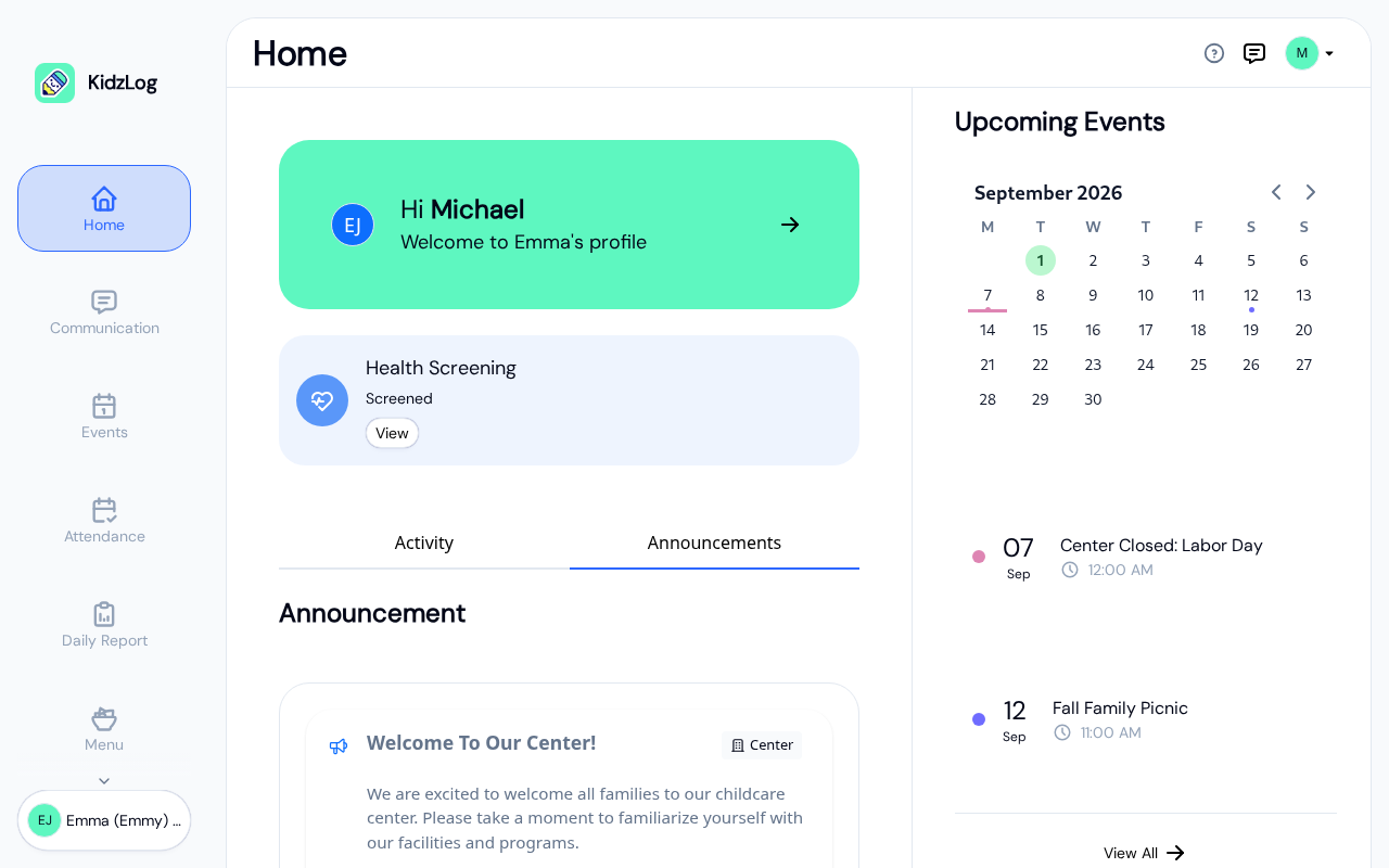 Parent Portal showing the Announcements tab with center announcements