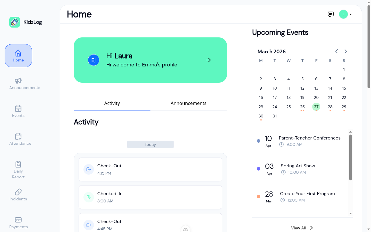 Parent Portal dashboard showing the child profile greeting, activity feed, and upcoming events sidebar