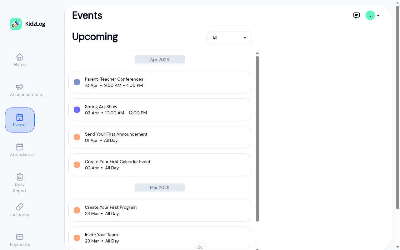 Events page showing upcoming events grouped by month