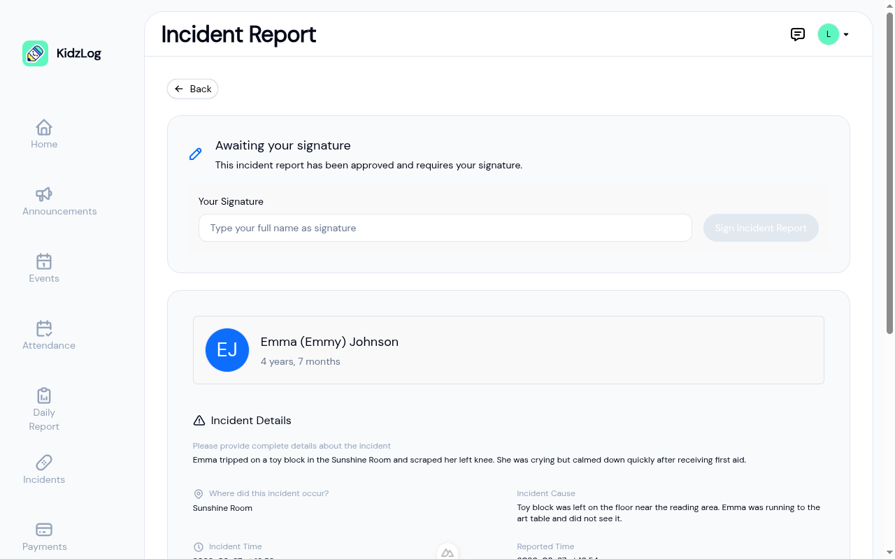 Incident detail page showing awaiting signature banner, child info, and incident details