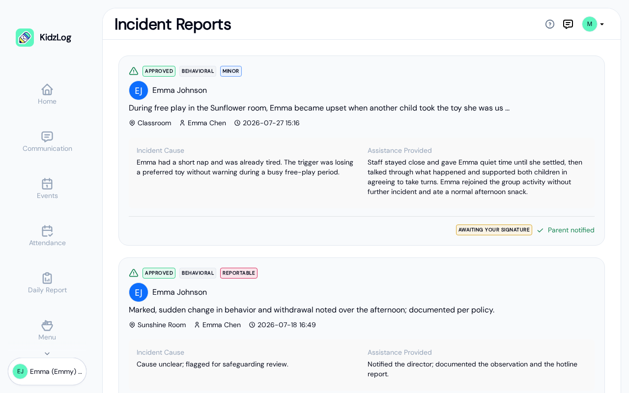 Incident Reports page showing an approved incident with description, cause, and awaiting signature badge