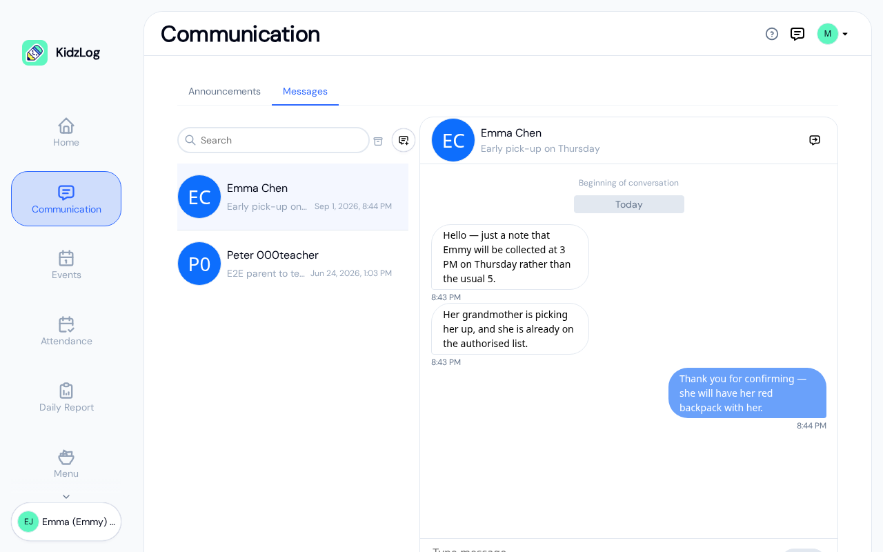 Parent Messages tab showing a list of message threads with staff members and a selected thread on the right