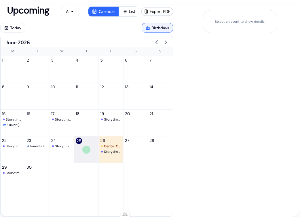 Parent events page in calendar view with the month grid and an event detail panel