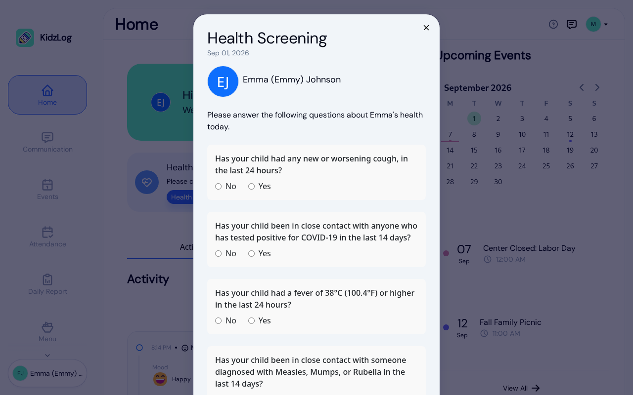 Daily health screening questionnaire on the parent portal with yes/no questions
