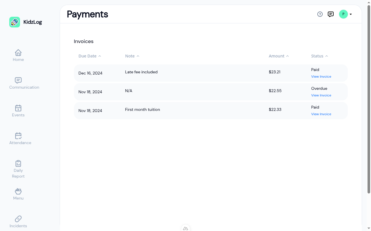 Parent Payments page showing three invoices in a table with due date, note, amount, and status columns and a View Invoice link on each row
