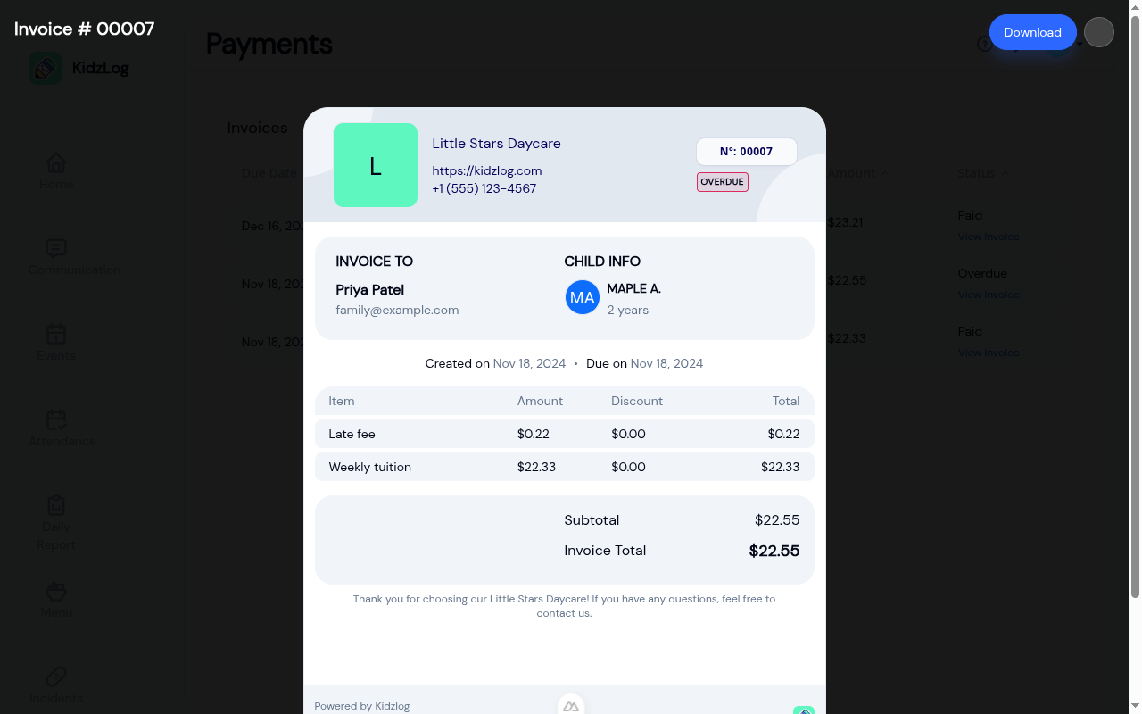 Invoice slip modal showing the center logo, an OVERDUE badge, the parent name and email, the child name and age, line items with amount and discount columns, and the calculated invoice total of $22.55