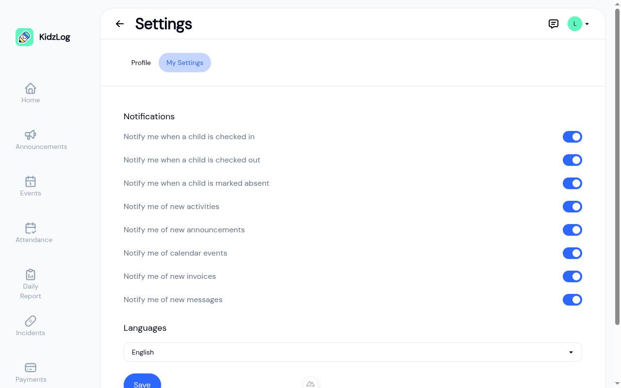 My Settings tab showing notification toggles and language selector