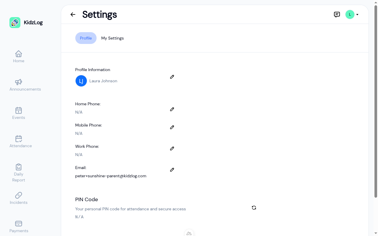 Settings page showing the Profile tab with contact information and PIN code