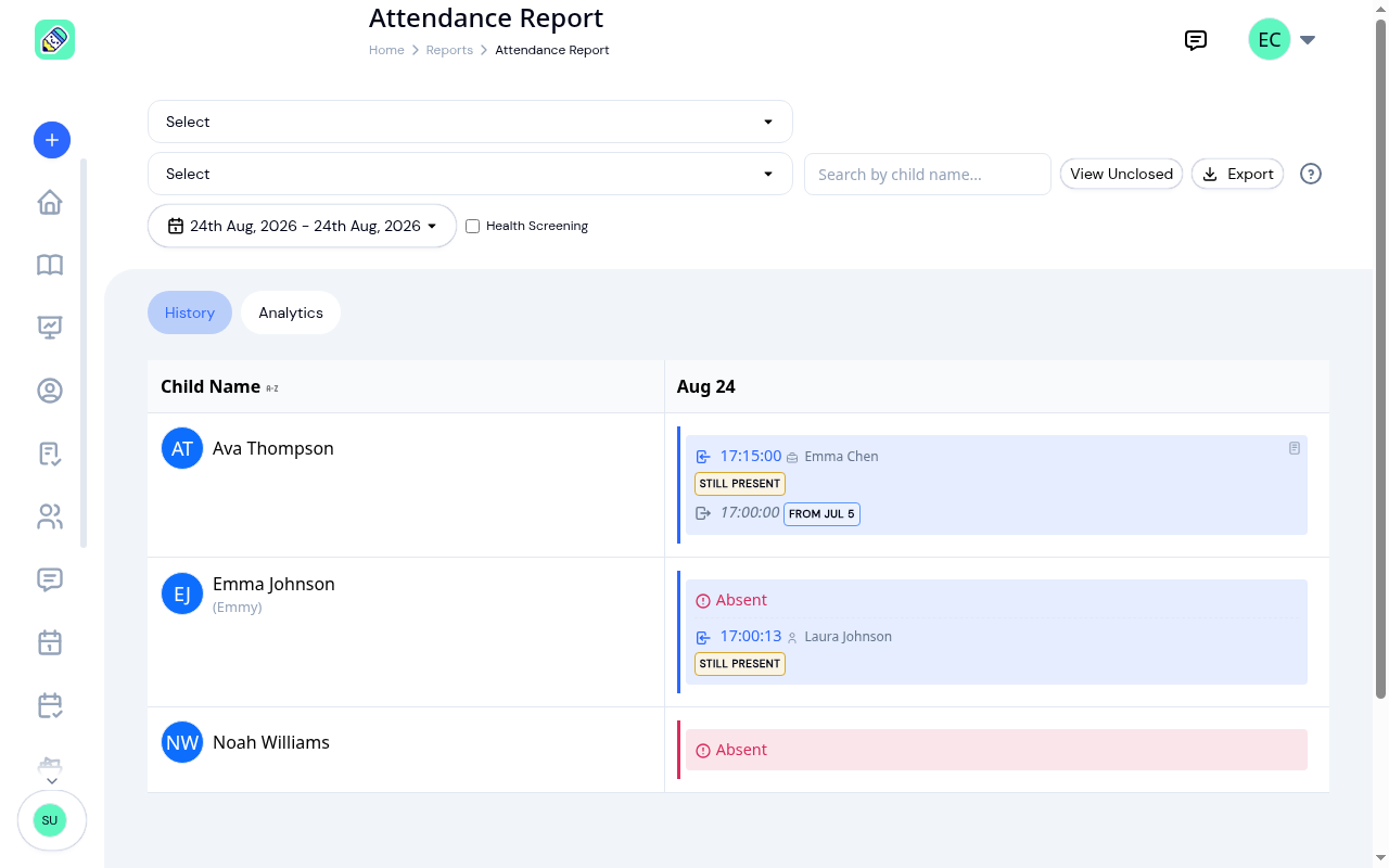 Attendance report for 24 August. Emma Johnson's cell shows a red Absent line above a 17:00:13 arrival marked Still Present, while Noah Williams, who never arrived, shows Absent alone