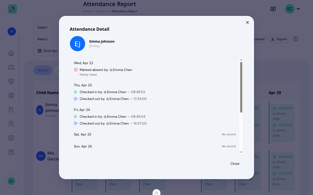 Attendance detail modal showing day-by-day check-in and check-out records for Emma Johnson