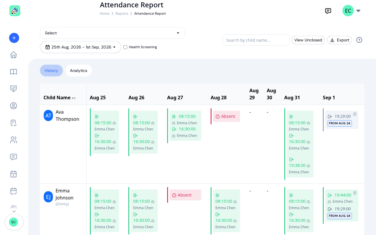 Attendance report history view for Aug 25 to Sep 1 showing check-in and check-out times with the staff member who recorded them, Absent badges, and Sep 1 check-outs labelled From Aug 24