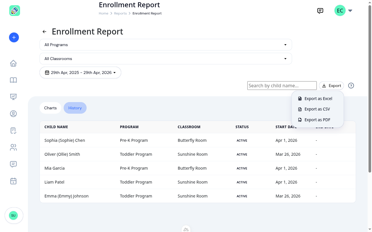 Export dropdown showing Excel, CSV, and PDF download options on the History tab