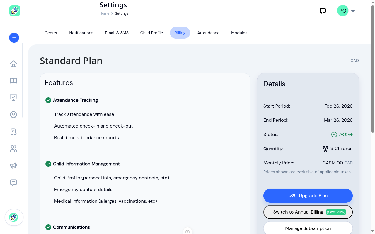 Active subscription showing billing period, status, child count, monthly price, and management buttons